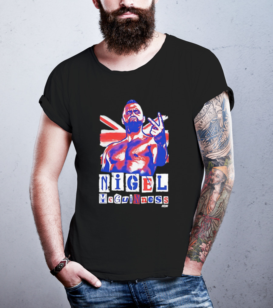 NIGEL McGUINNESS AEW Union Jack V Sign T-Shirt