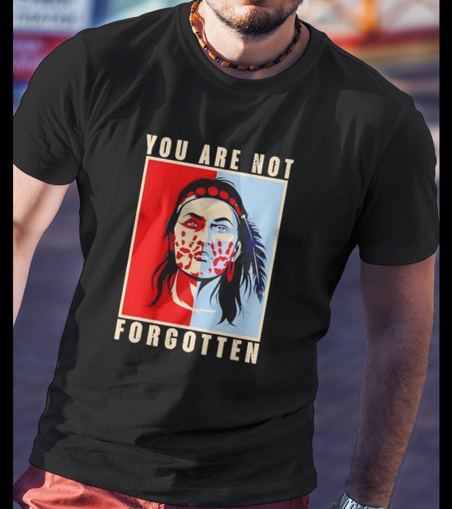 You Are Not Forgotten Awareness Native American Indian Red Handprint Feather Profile T-Shirt