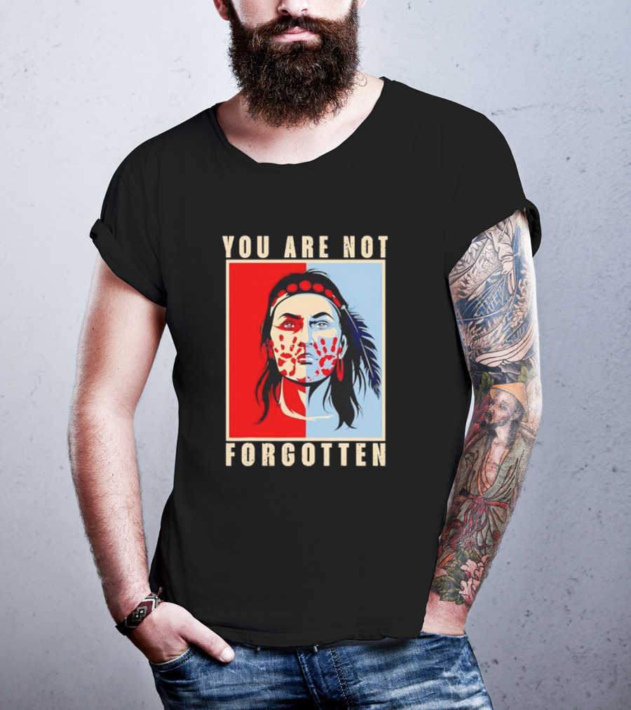 You Are Not Forgotten Awareness Native American Indian Red Handprint Feather Profile T-Shirt