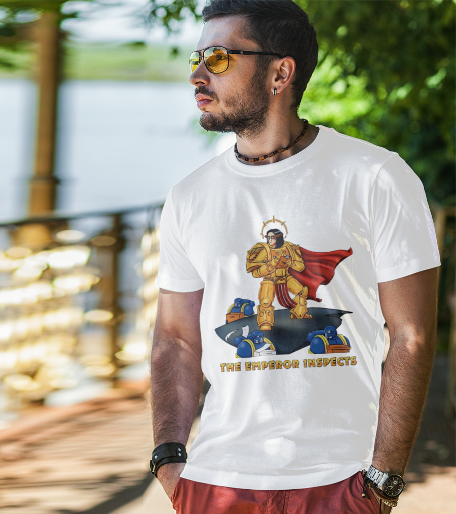 The Emperor Inspects Power Armor With Red Cape And Space Soldiers On Dark Platform T-Shirt