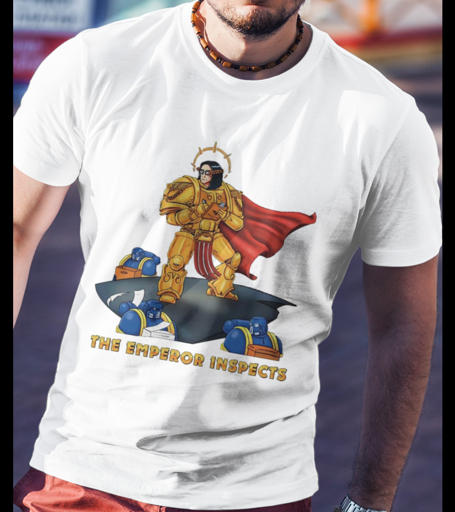 The Emperor Inspects Power Armor With Red Cape And Space Soldiers On Dark Platform T-Shirt