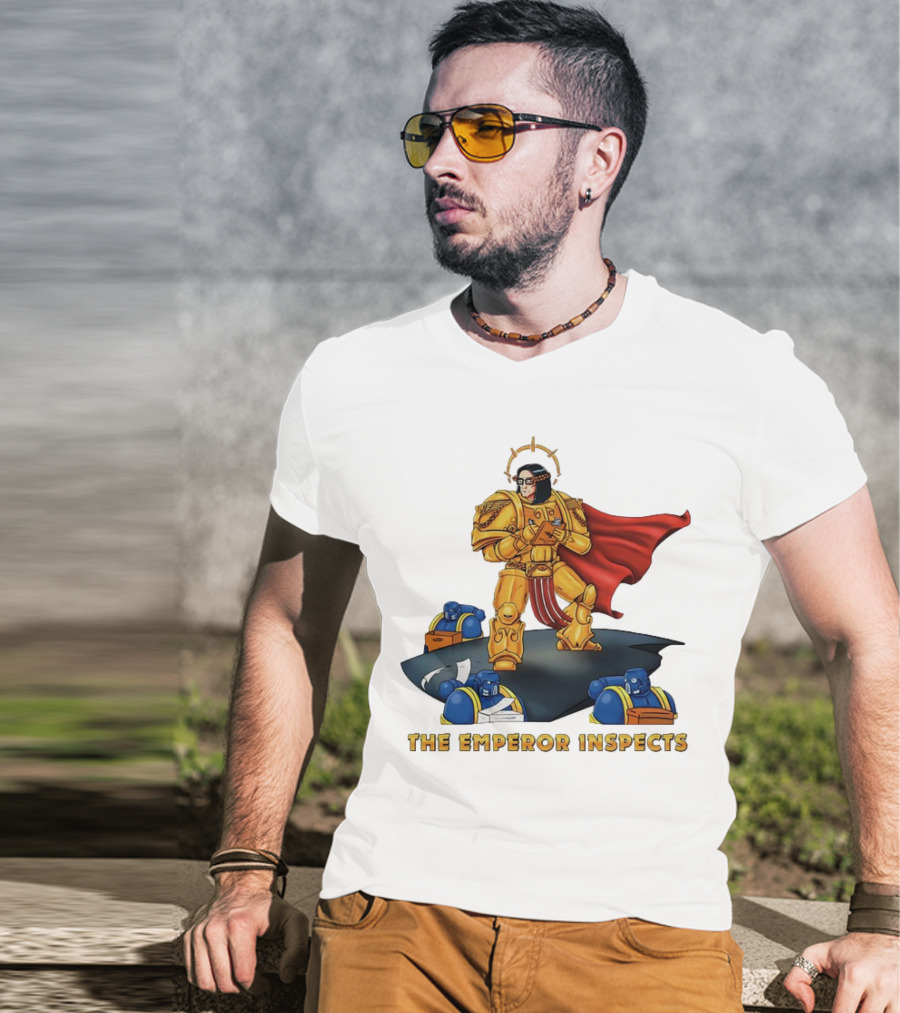 The Emperor Inspects Power Armor With Red Cape And Space Soldiers On Dark Platform T-Shirt