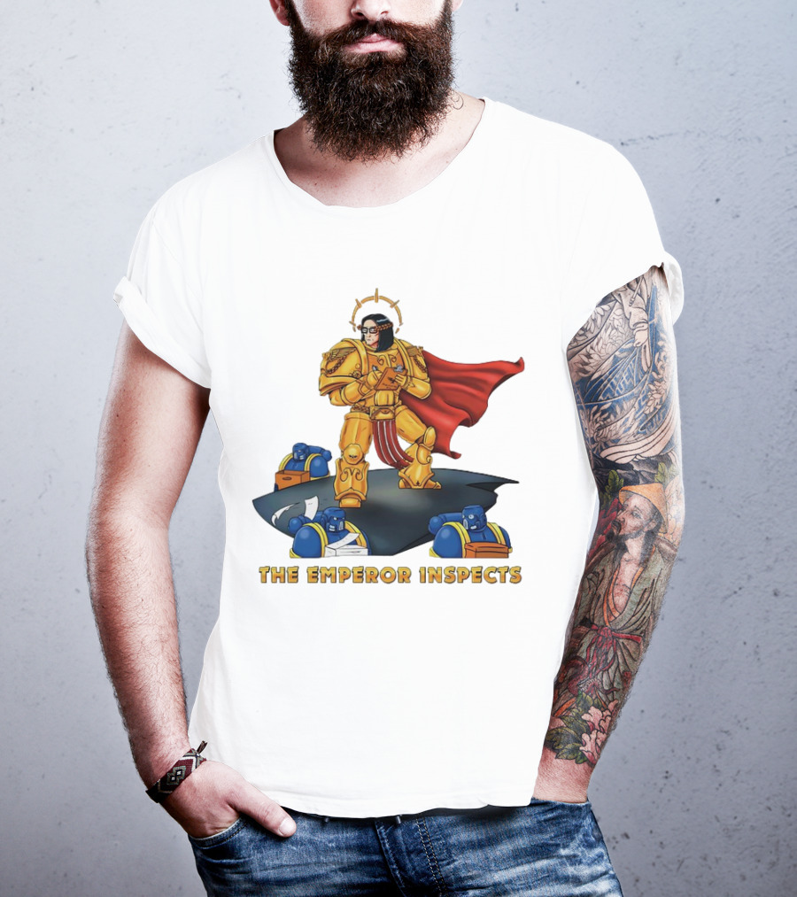 The Emperor Inspects Power Armor With Red Cape And Space Soldiers On Dark Platform T-Shirt
