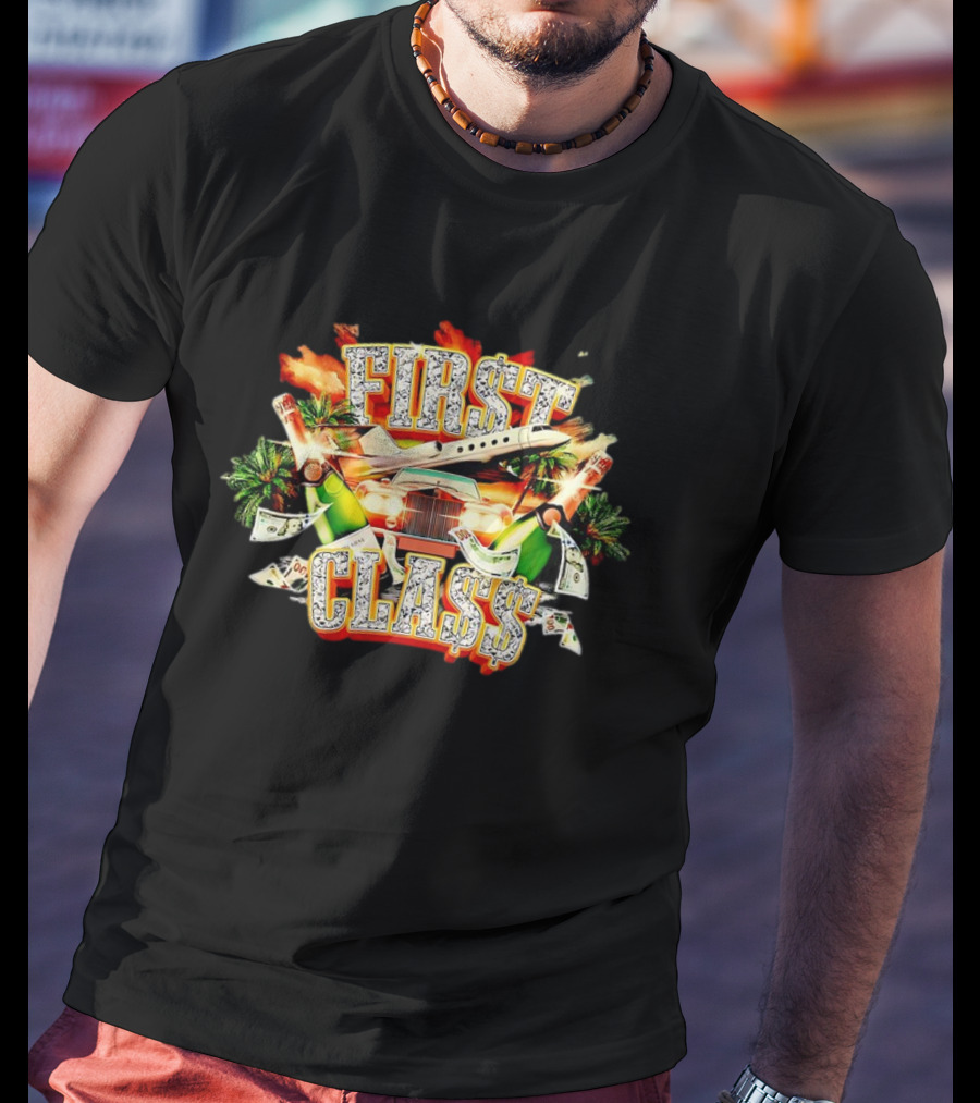 AJ Francis Luxury Lifestyle First Cla$$ Jet Champagne Money T-Shirt
