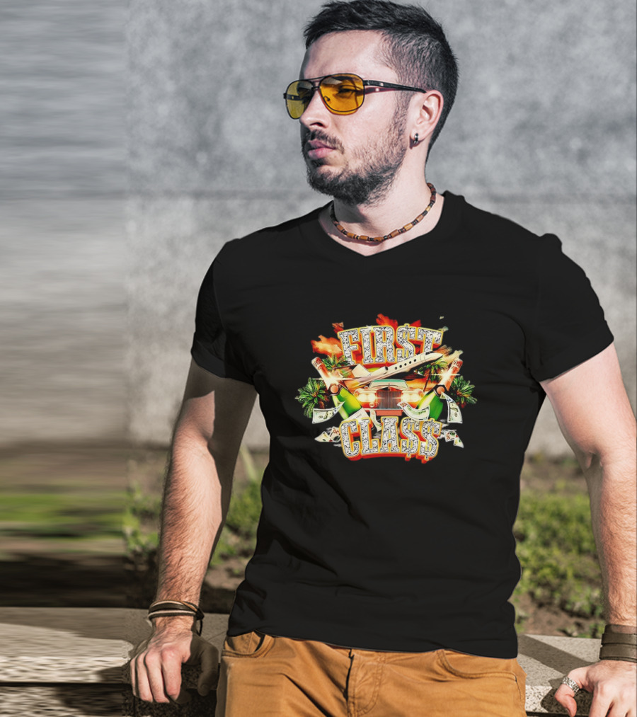 AJ Francis Luxury Lifestyle First Cla$$ Jet Champagne Money T-Shirt