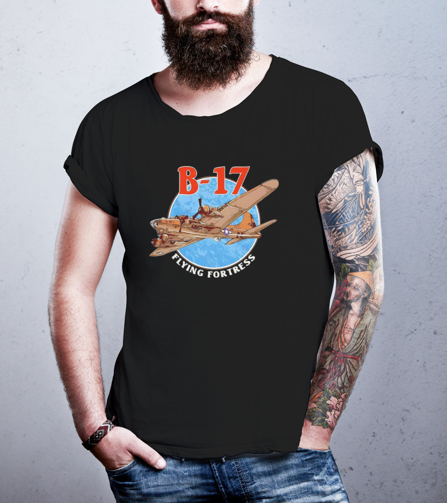 B-17 Flying Fortress Vintage Bomber Aircraft With Blue Globe Background T-Shirt