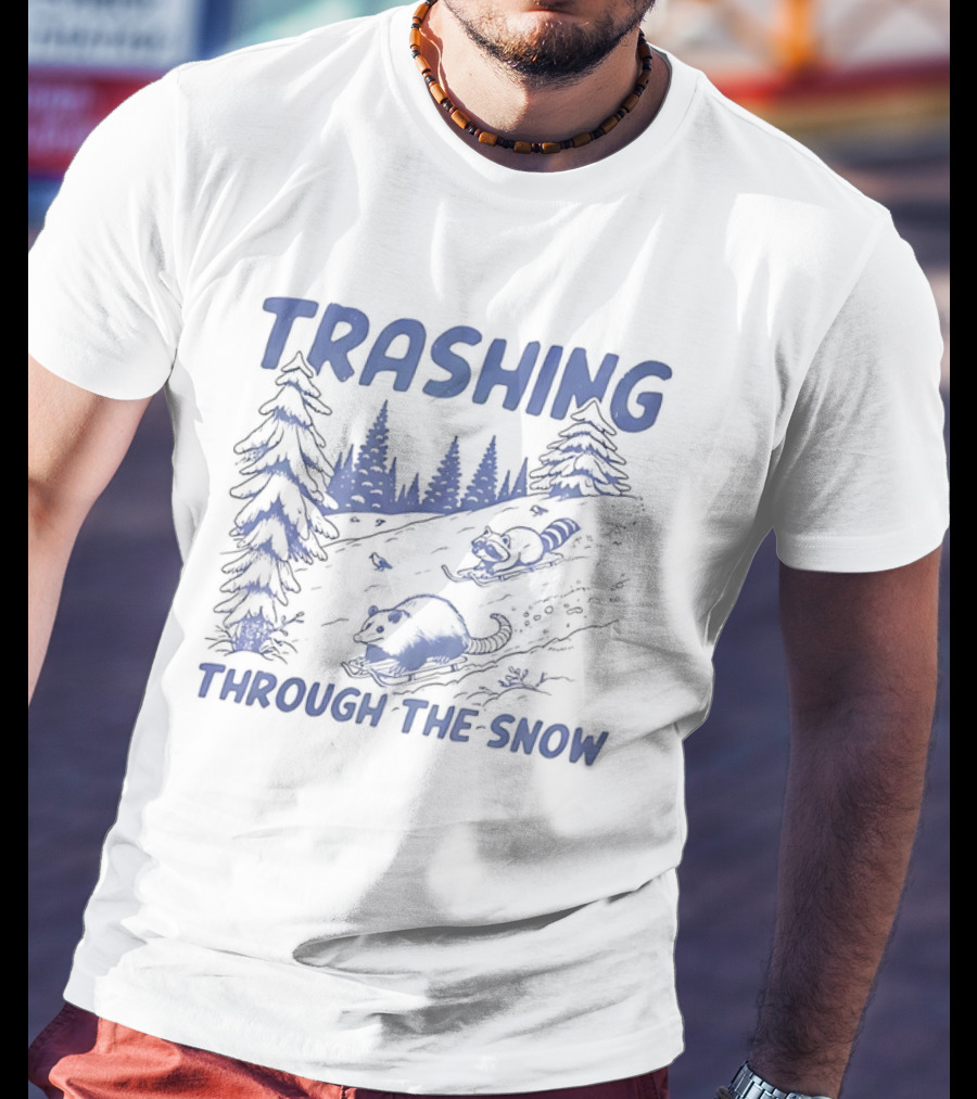 Trashing Through The Snow Hillside Opossum And Raccoon Winter Fun T-Shirt