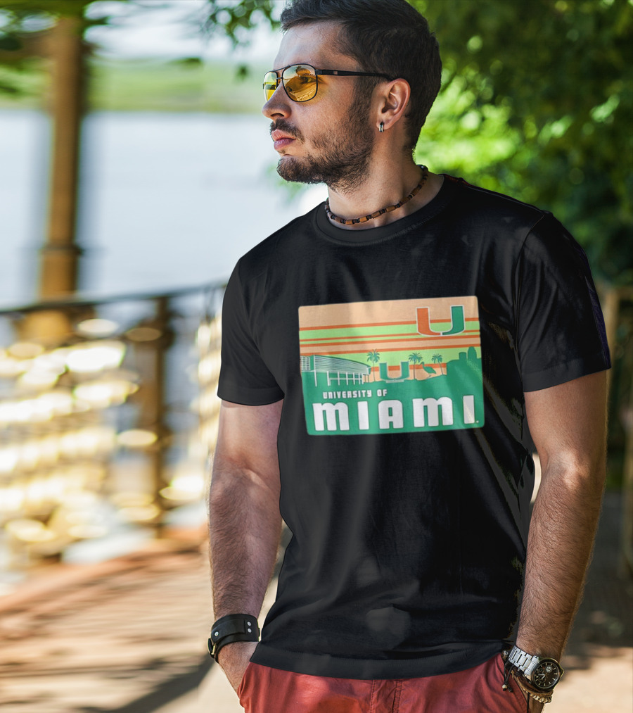 University Of Miami Hurricanes Retro Campus Skyline Palm Trees T-Shirt