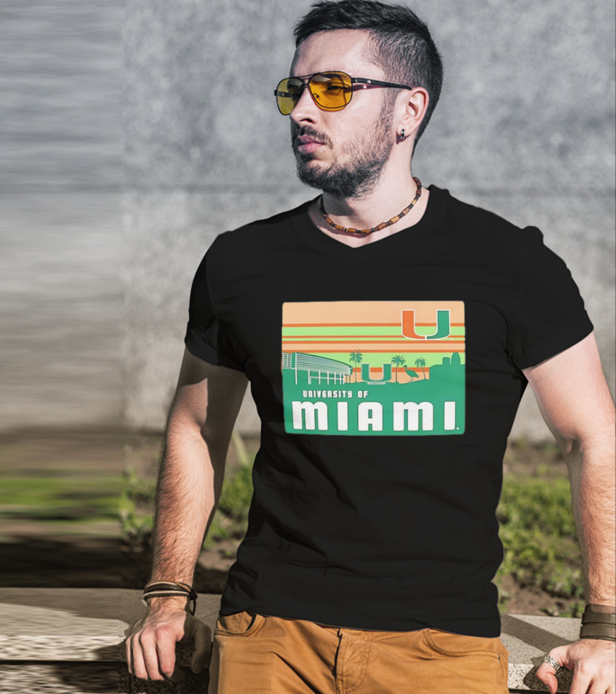 University Of Miami Hurricanes Retro Campus Skyline Palm Trees T-Shirt