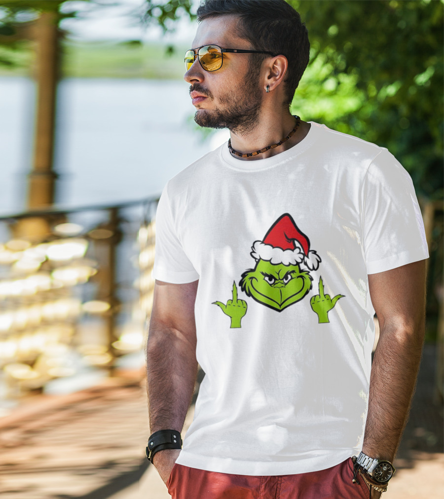 Grinch Middle Finger Funny Grinchmas Santa Claus Iconic Holiday Humor T-Shirt