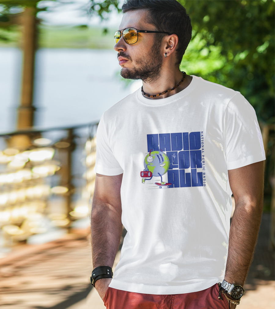 RADIO FOR ALL National Public Radio Cartoon Skateboarding Globe T-Shirt