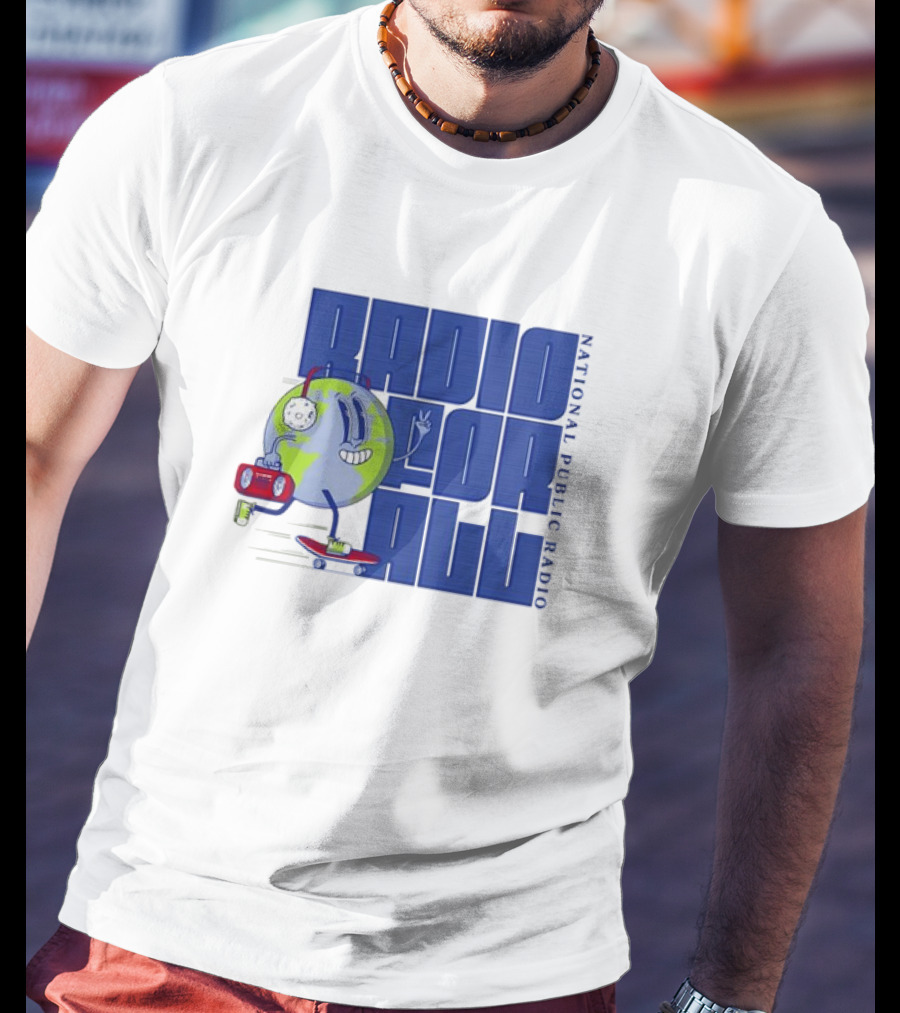 RADIO FOR ALL National Public Radio Cartoon Skateboarding Globe T-Shirt