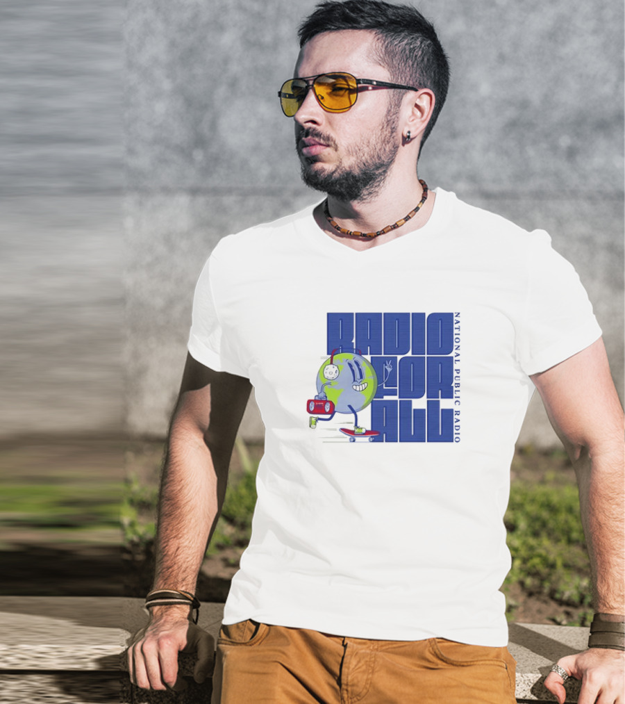 RADIO FOR ALL National Public Radio Cartoon Skateboarding Globe T-Shirt