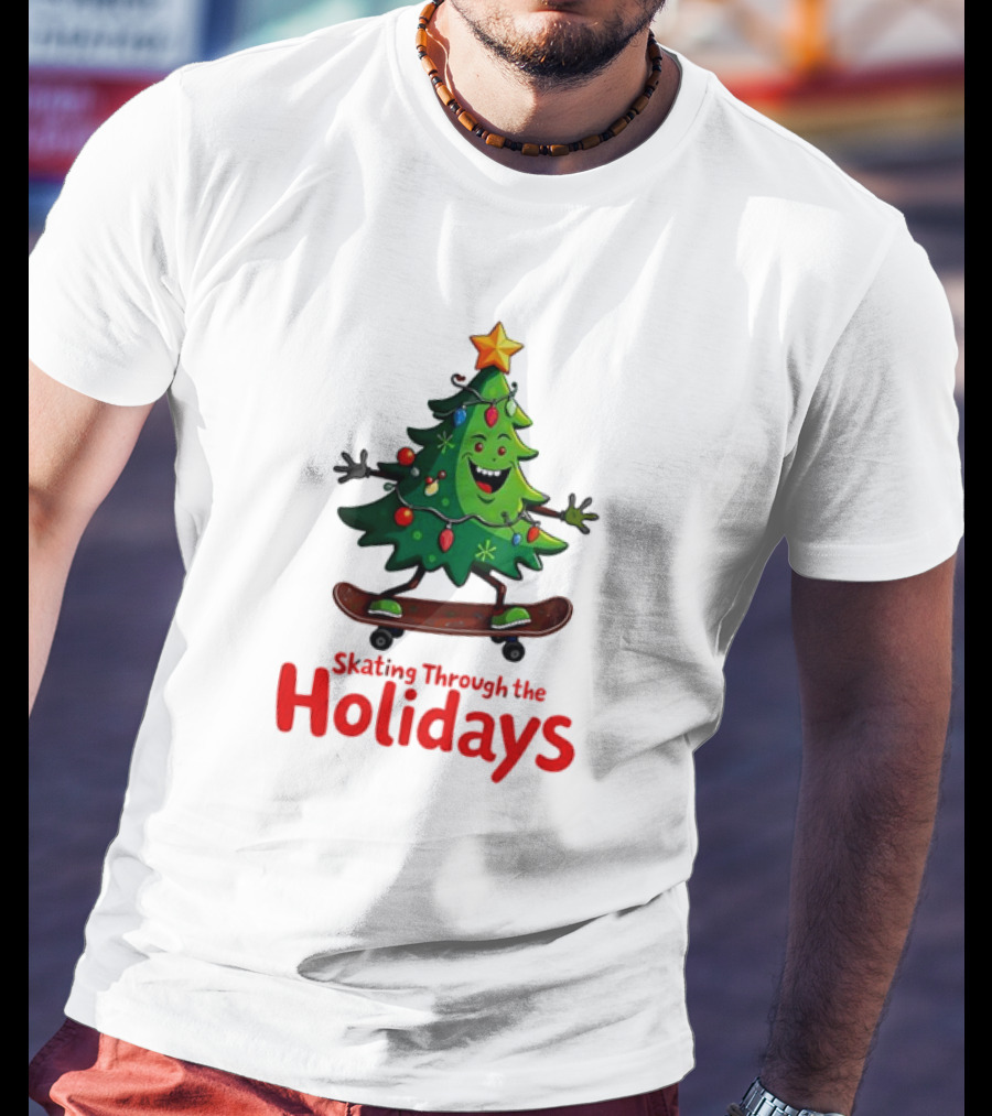 Skating Through The Holidays Christmas Tree Skateboard T-Shirt