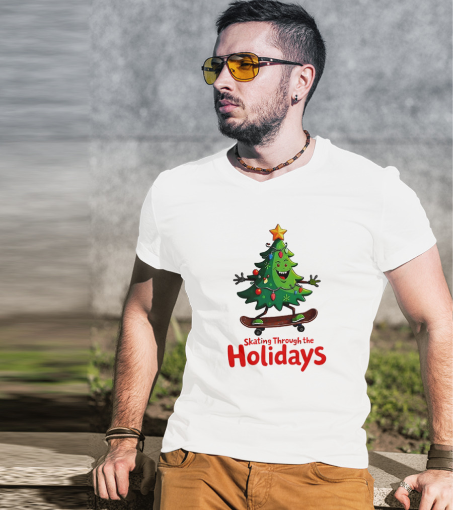 Skating Through The Holidays Christmas Tree Skateboard T-Shirt
