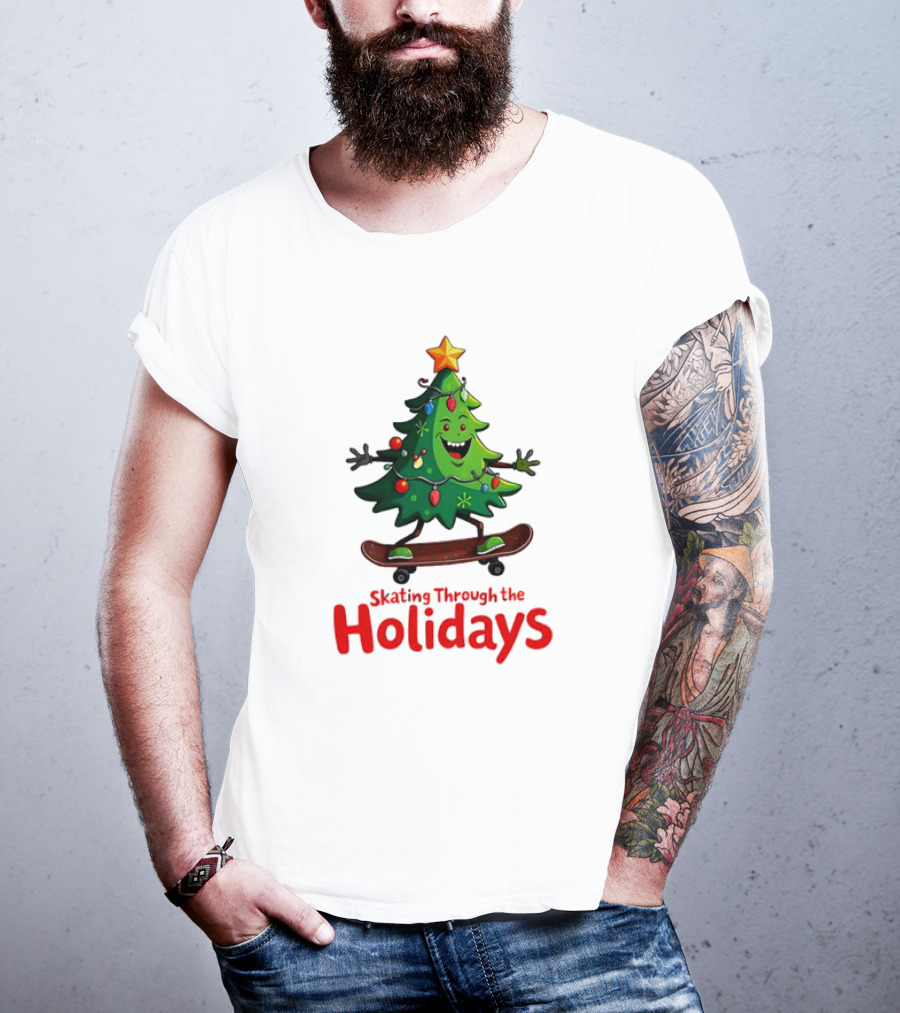 Skating Through The Holidays Christmas Tree Skateboard T-Shirt
