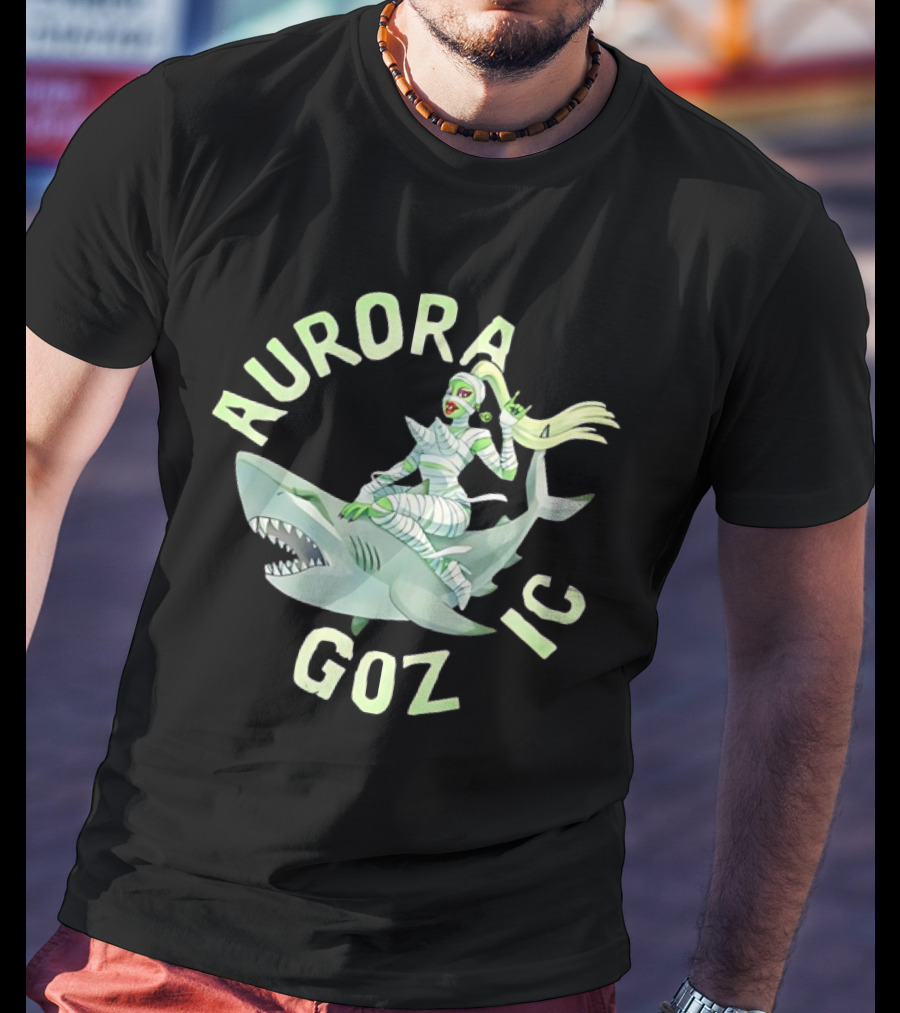Aurora Gozmic Cartoon Mummy Riding Shark T-Shirt