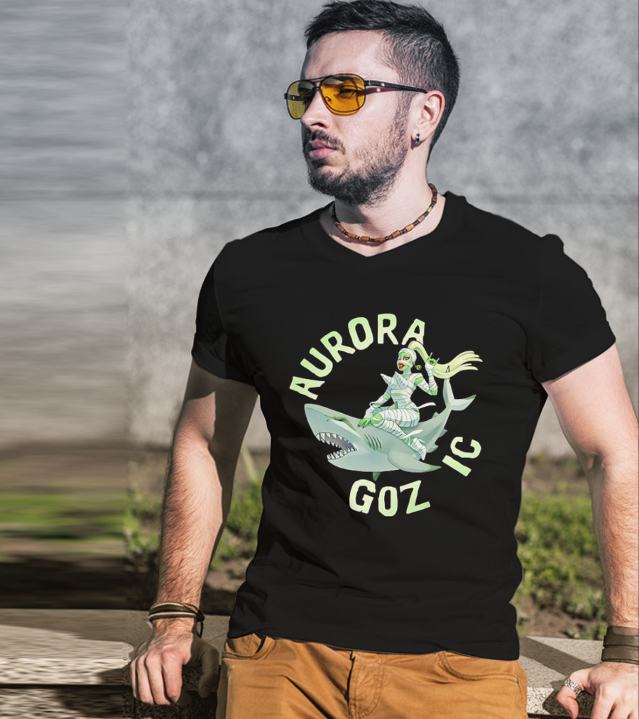 Aurora Gozmic Cartoon Mummy Riding Shark T-Shirt