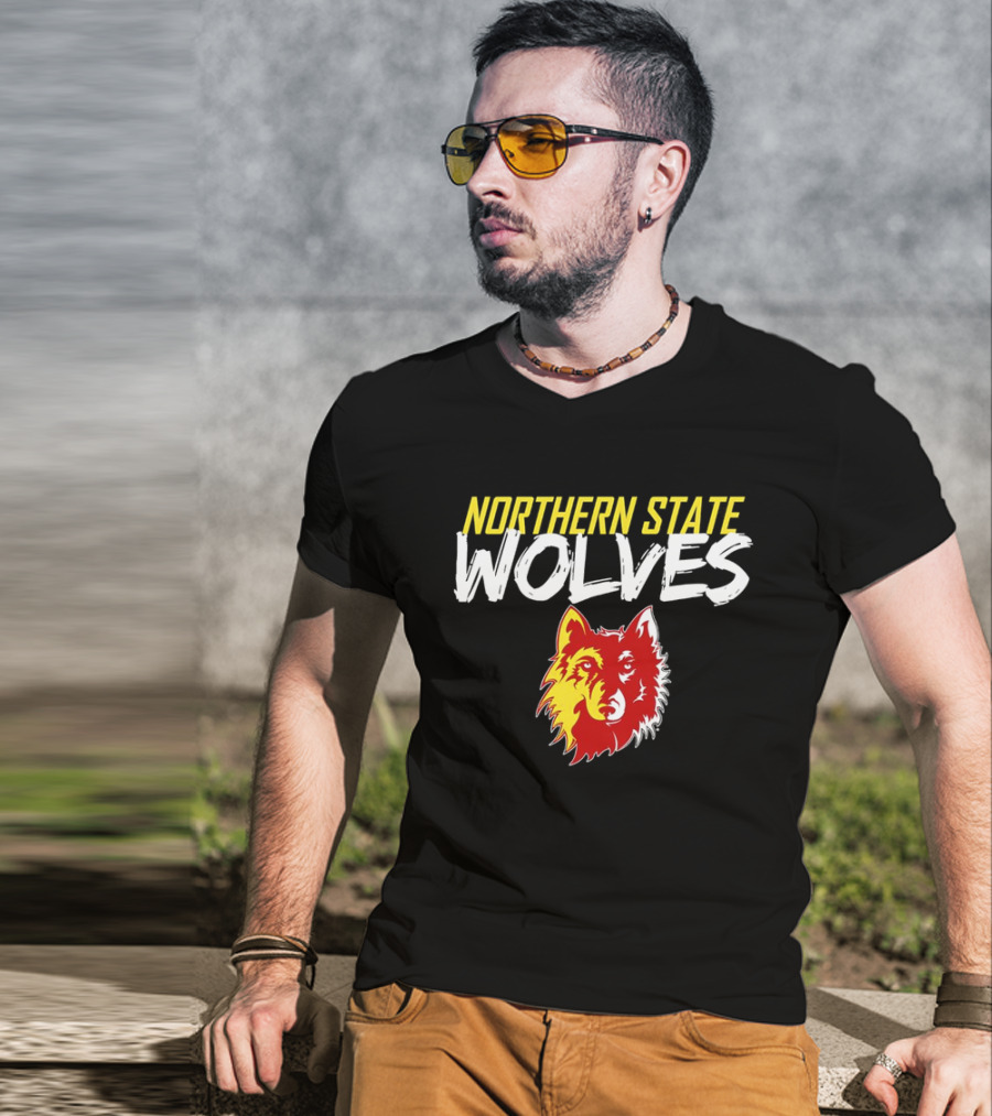 Northern State Wolves Yellow And Red Graffiti Wolf Face T-Shirt