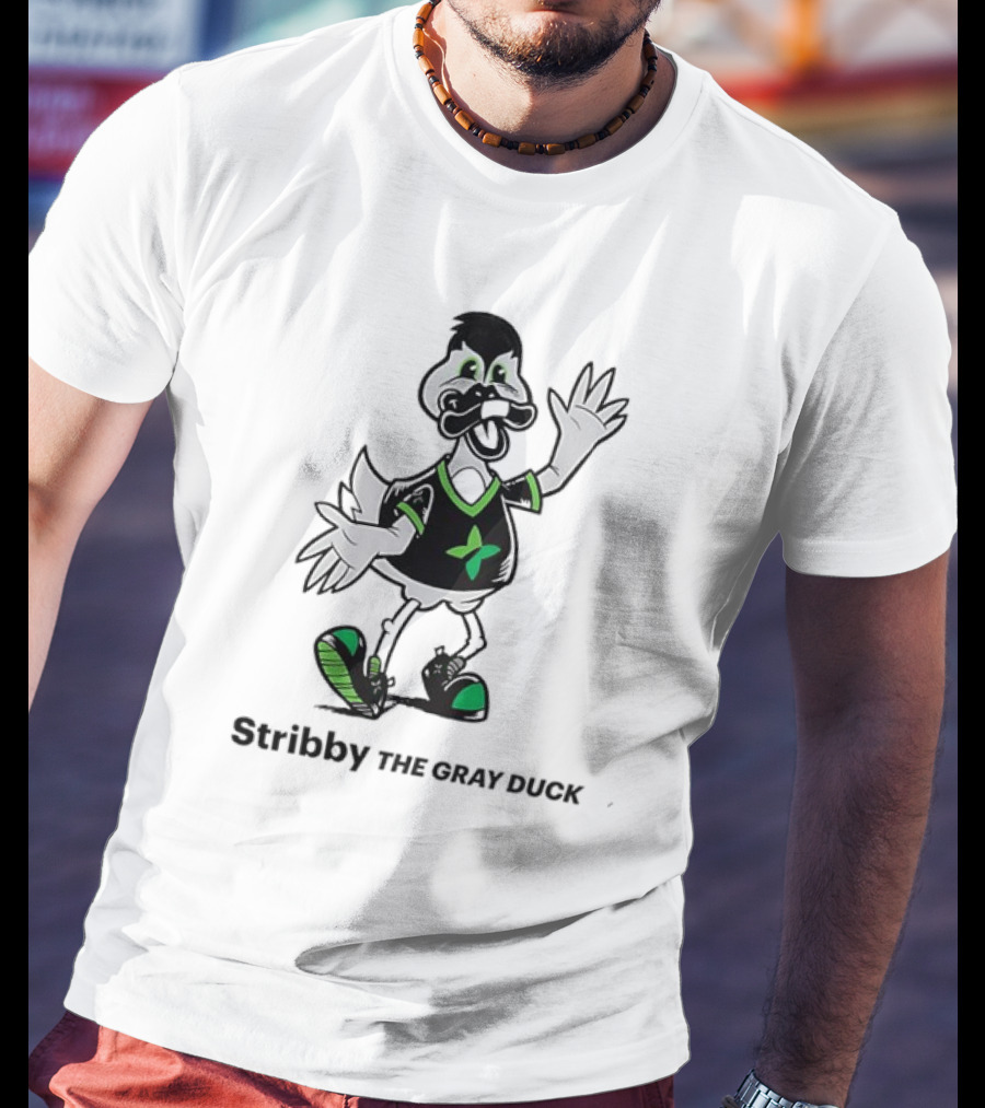 Stribby The Gray Duck Cartoon Mascot With Green And Black T-Shirt