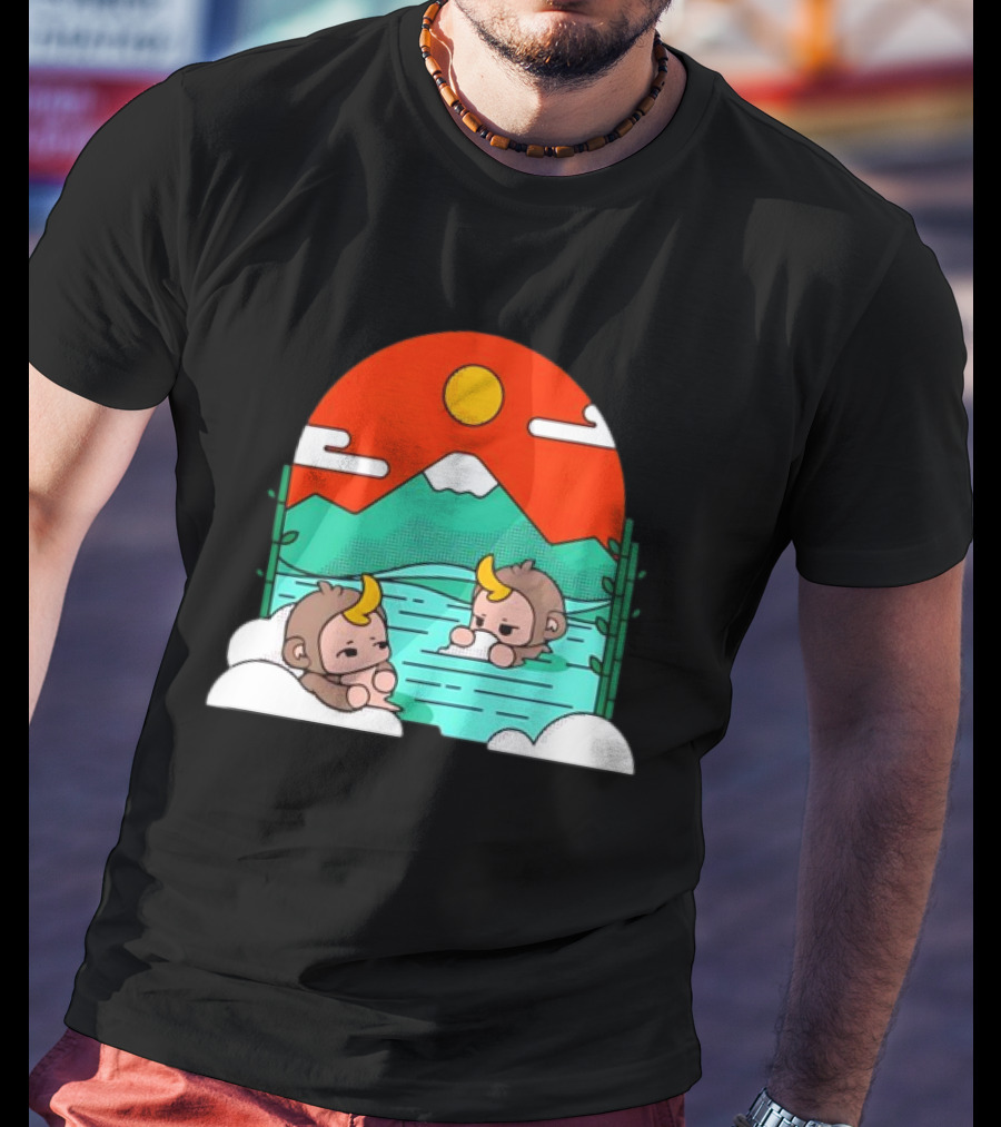 Connor Colquhoun The Tranquil Cute Monkeys In Vibrant Mountain Hot Spring Scenery With Sun And Clouds T-Shirt