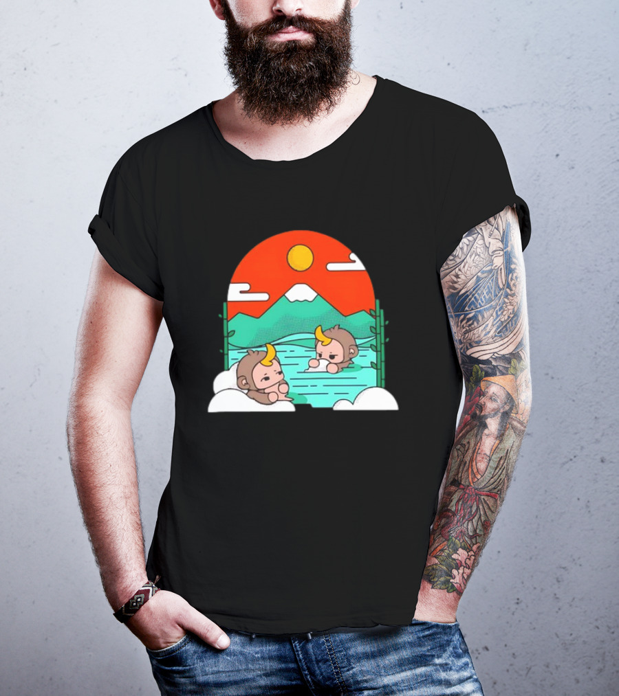 Connor Colquhoun The Tranquil Cute Monkeys In Vibrant Mountain Hot Spring Scenery With Sun And Clouds T-Shirt