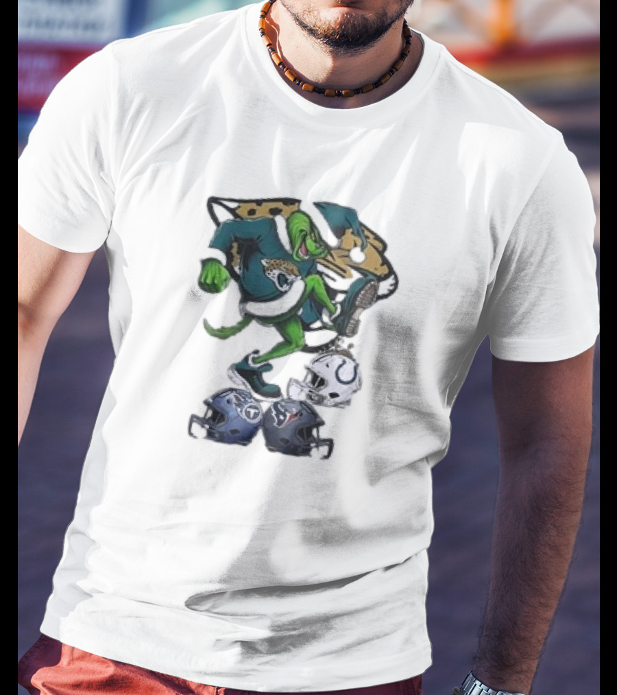 Christmas Grinch Jacksonville Jaguars Stomping NFL Colts Titans Texans Helmets T-Shirt