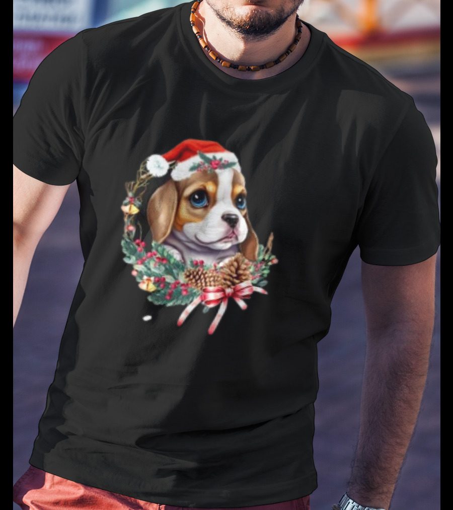 Christmas Beagle With Santa Hat And Holiday Wreath T-Shirt