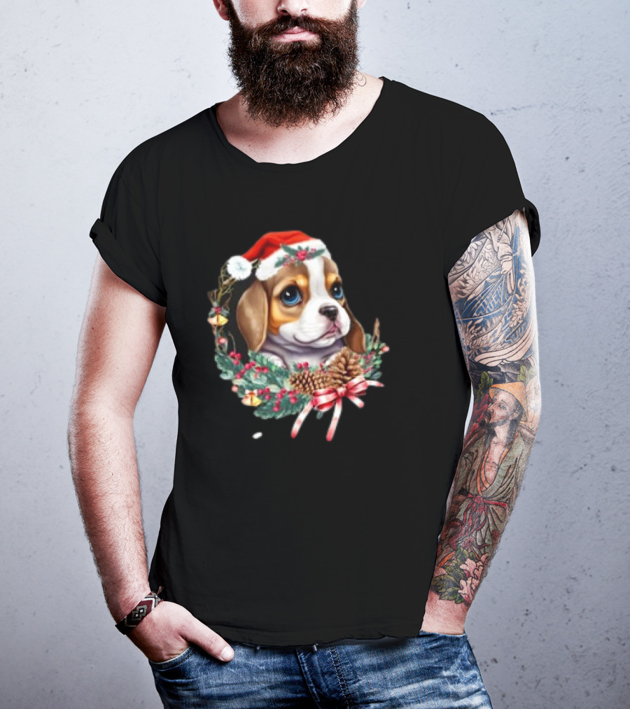 Christmas Beagle With Santa Hat And Holiday Wreath T-Shirt