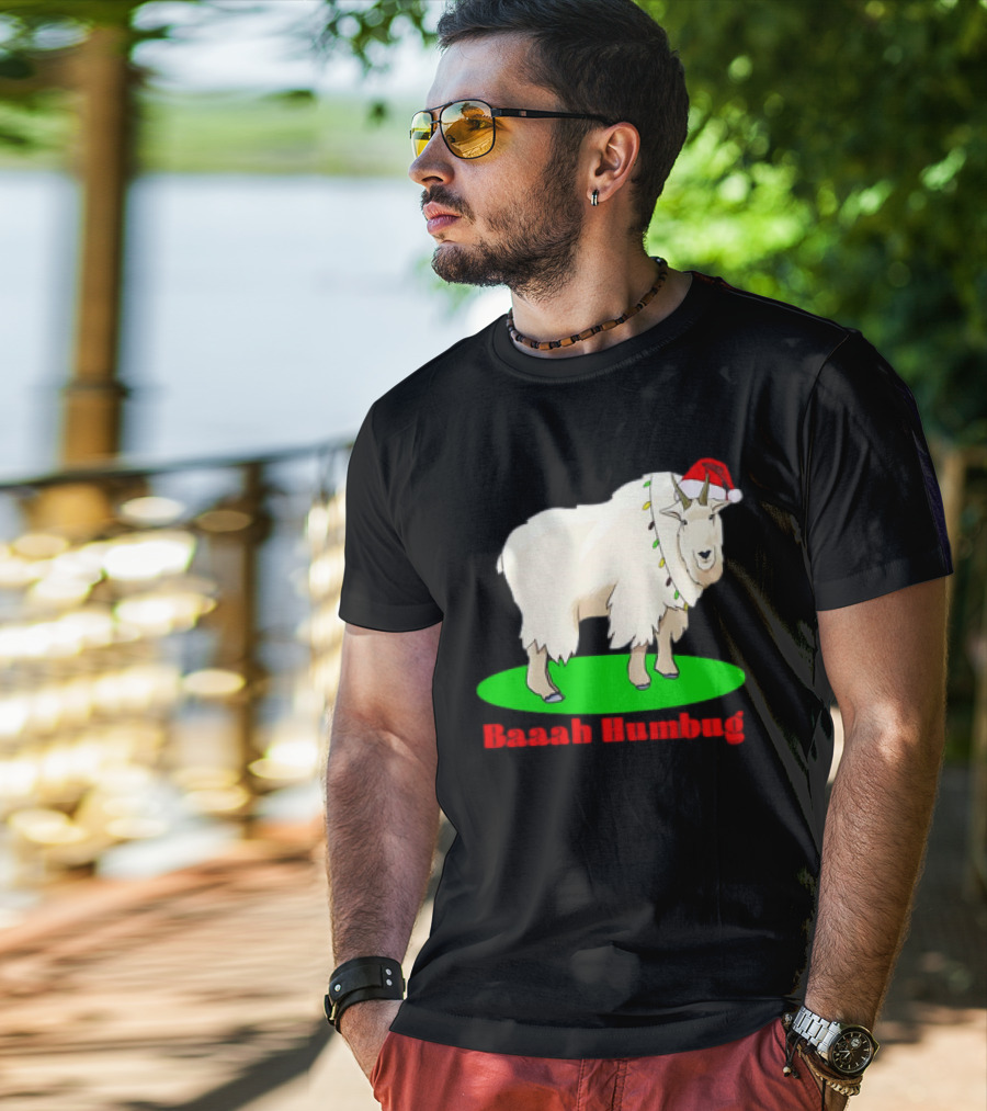 Baaah Humbug Goat With Santa Hat Holiday Lights T-Shirt