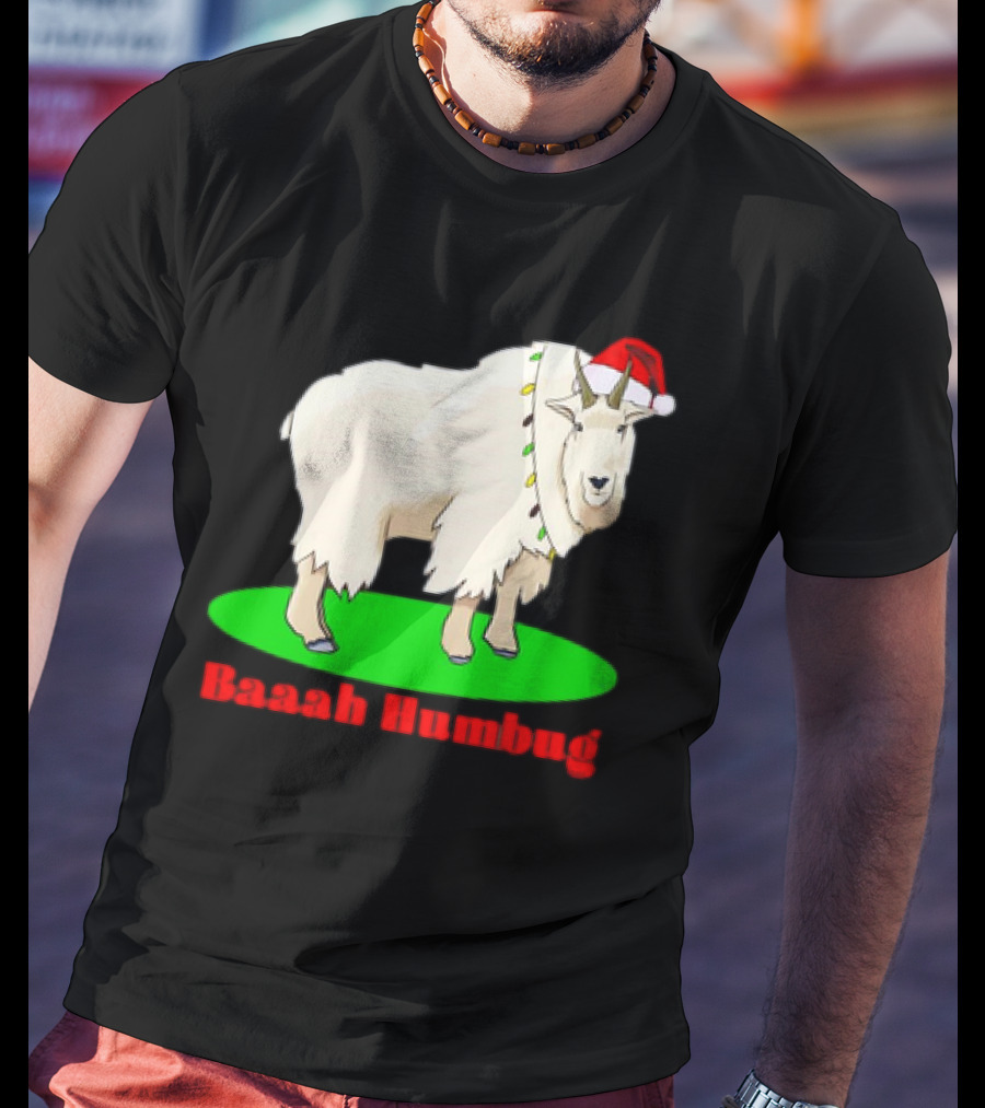 Baaah Humbug Goat With Santa Hat Holiday Lights T-Shirt