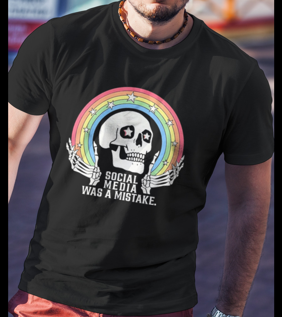 Skull Social Media Was A Mistake Rainbow Retro Stars T-Shirt