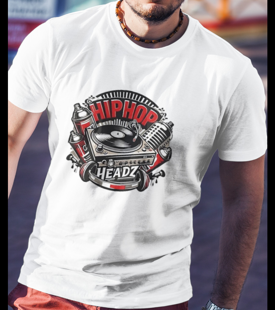 Hip Hop Headz Vinyl Record Player Turntable Spray Cans Microphone T-Shirt