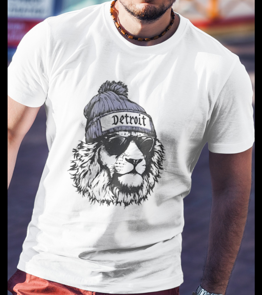 Detroit Lion Wearing Sunglasses And Beanie T-Shirt