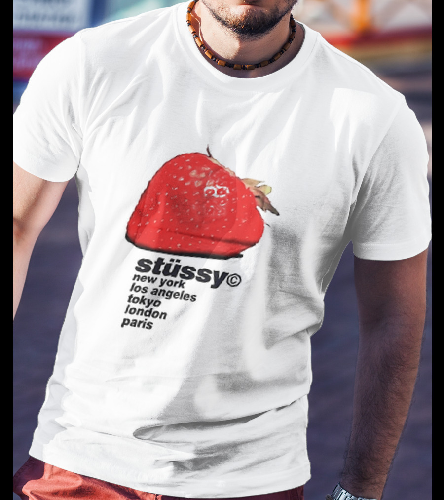 Stussy Strawberry Design New York Los Angeles Tokyo London Paris T-Shirt