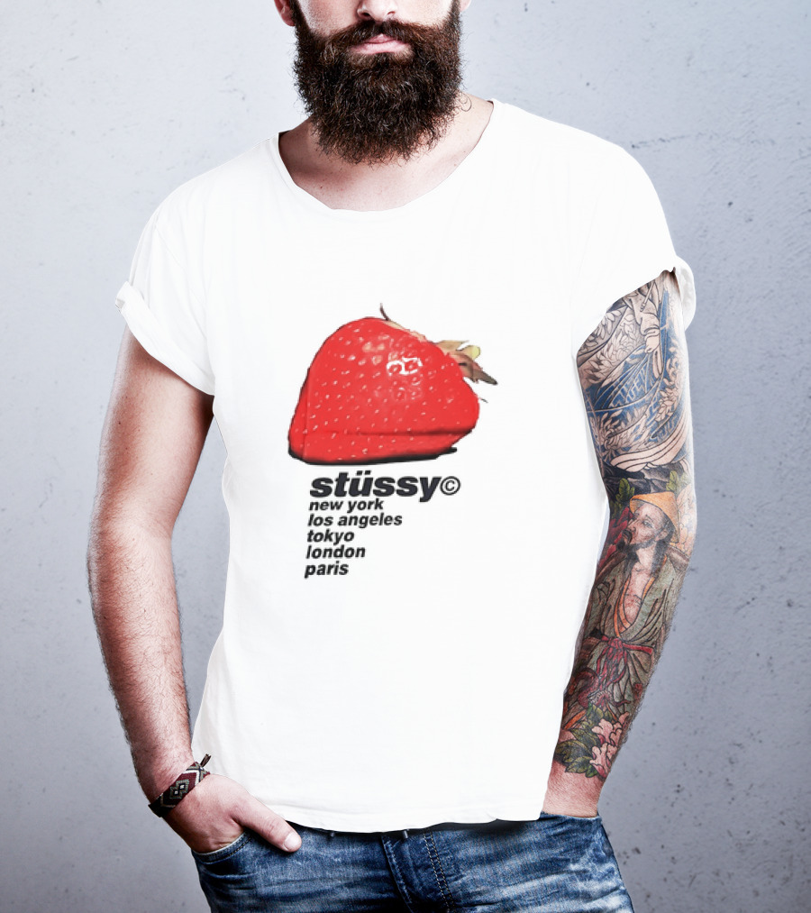 Stussy Strawberry Design New York Los Angeles Tokyo London Paris T-Shirt