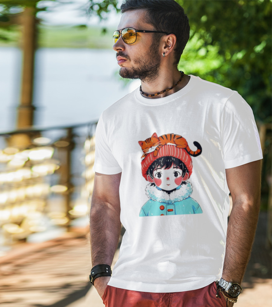 Cute Anime Child In Winter Coat With Adorable Cat Hat T-Shirt