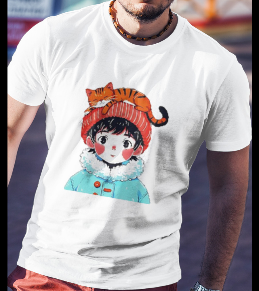 Cute Anime Child In Winter Coat With Adorable Cat Hat T-Shirt