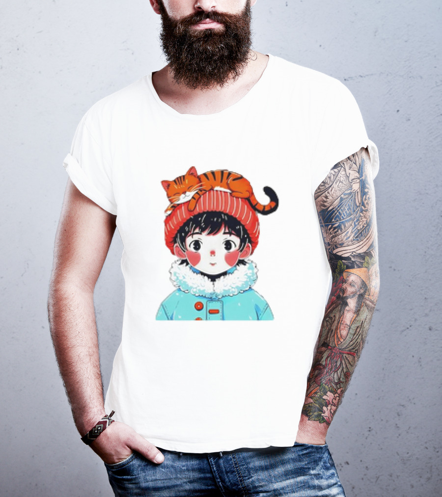 Cute Anime Child In Winter Coat With Adorable Cat Hat T-Shirt