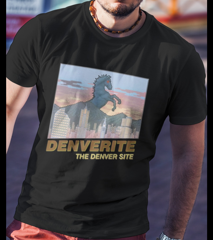 Denverite The Denver Site City Skyline And Rearing Blue Mustang T-Shirt