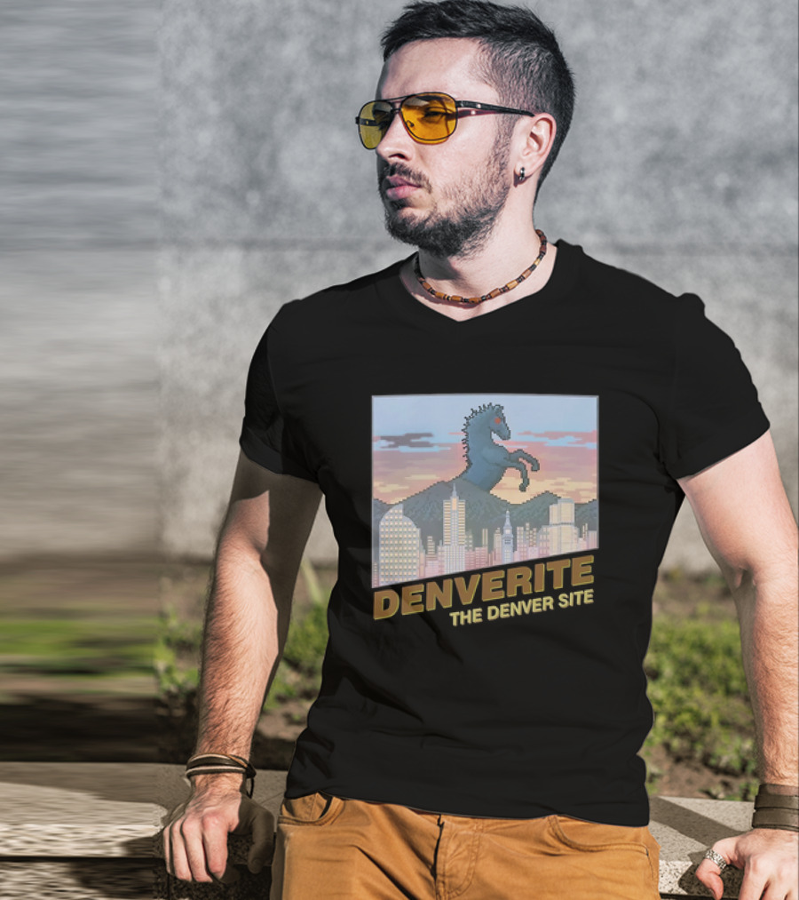 Denverite The Denver Site City Skyline And Rearing Blue Mustang T-Shirt