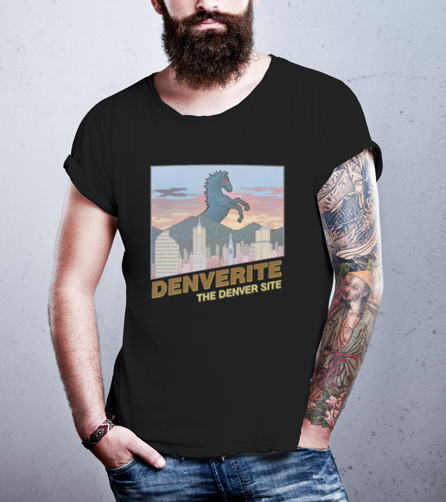 Denverite The Denver Site City Skyline And Rearing Blue Mustang T-Shirt