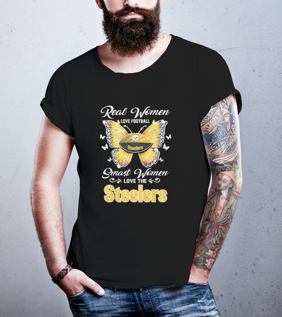 Real Women Love Football Smart Women Love The Steelers Football Butterfly T-Shirt