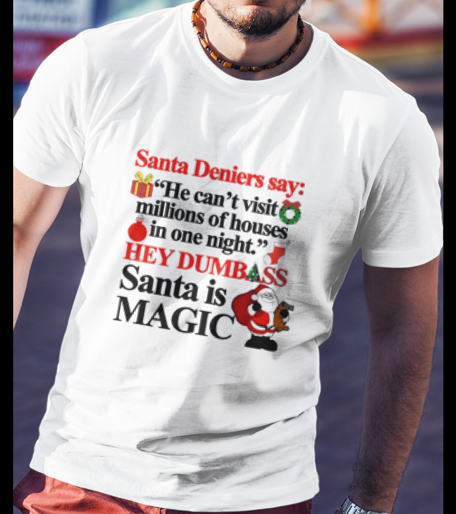 Santa Deniers Say He Can’t Visit Millions Of Houses In One Night Hey Dumbass Santa Is Magic T-Shirt