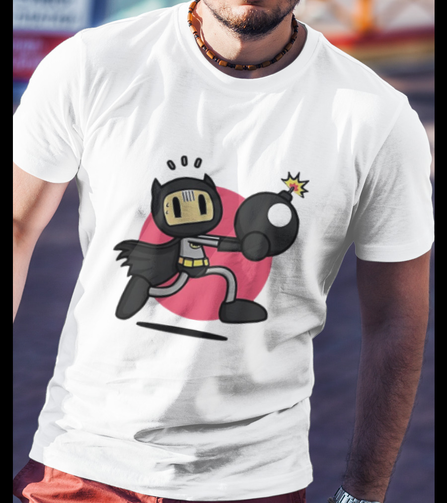 Batman Meets Bomberman Crossover With Iconic Superhero Cape And Explosive Action T-Shirt