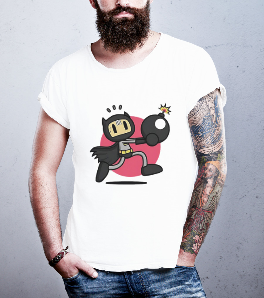 Batman Meets Bomberman Crossover With Iconic Superhero Cape And Explosive Action T-Shirt
