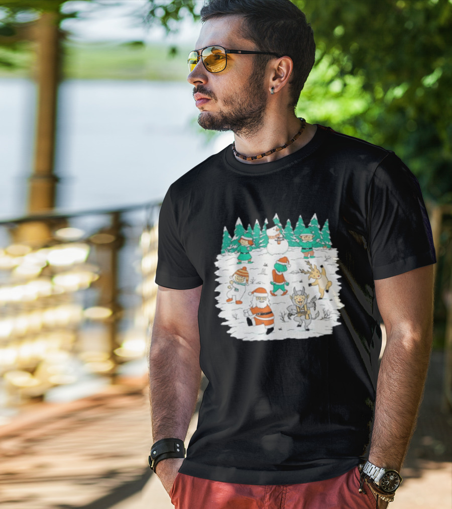 Christmas Dance Party With Santa, Krampus, Grinch, Snowman, And Reindeer In Winter Forest T-Shirt