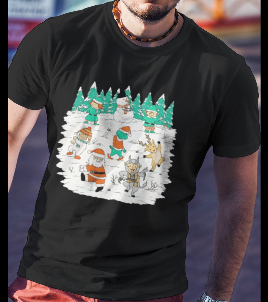 Christmas Dance Party With Santa, Krampus, Grinch, Snowman, And Reindeer In Winter Forest T-Shirt