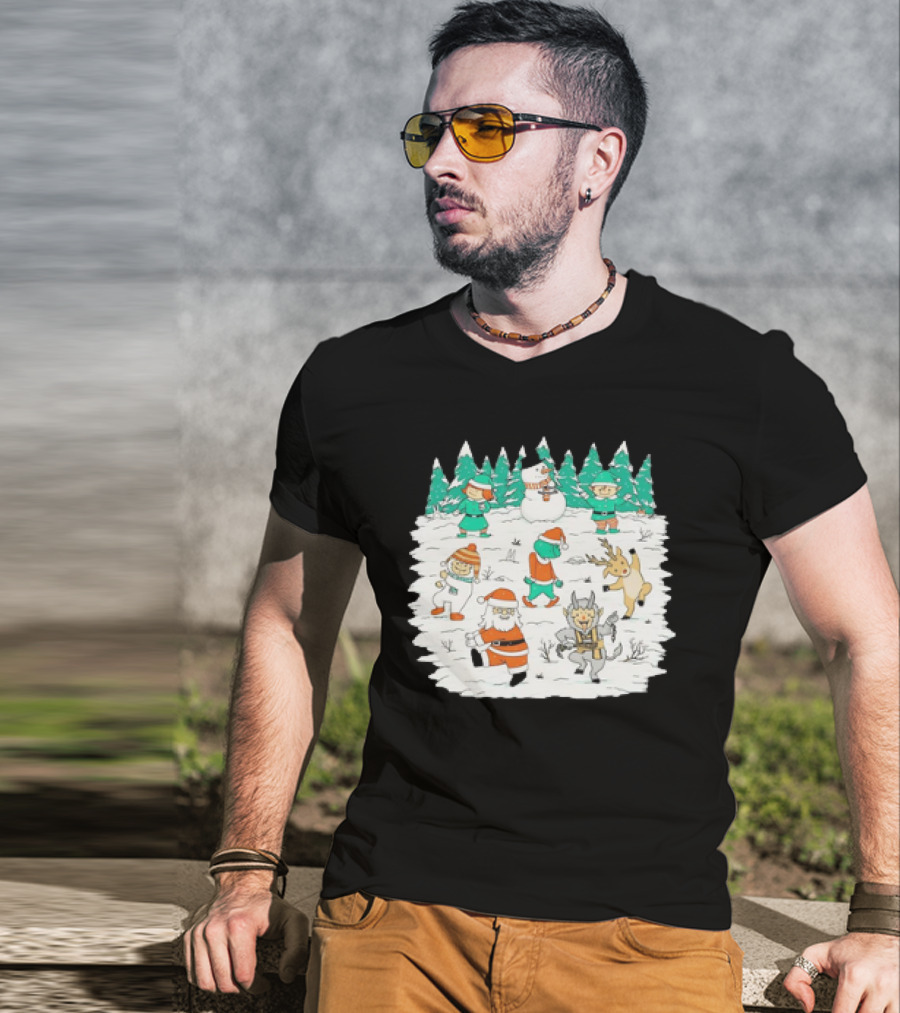 Christmas Dance Party With Santa, Krampus, Grinch, Snowman, And Reindeer In Winter Forest T-Shirt