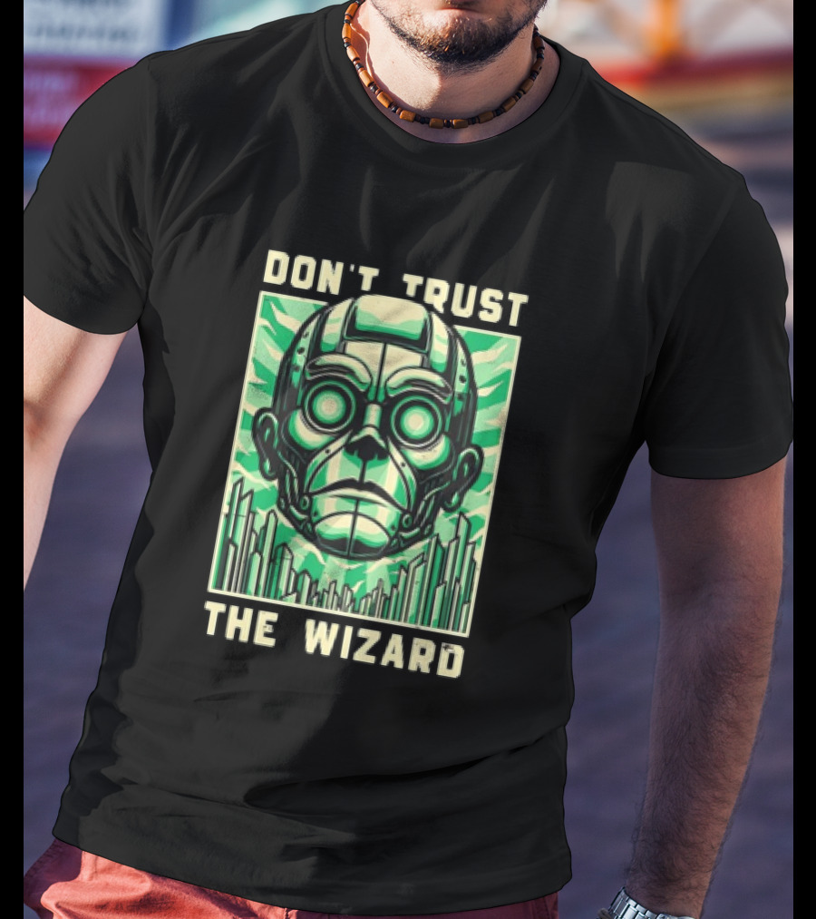 Don't Trust The Wizard Futuristic Metallic Face With Green Shards T-Shirt